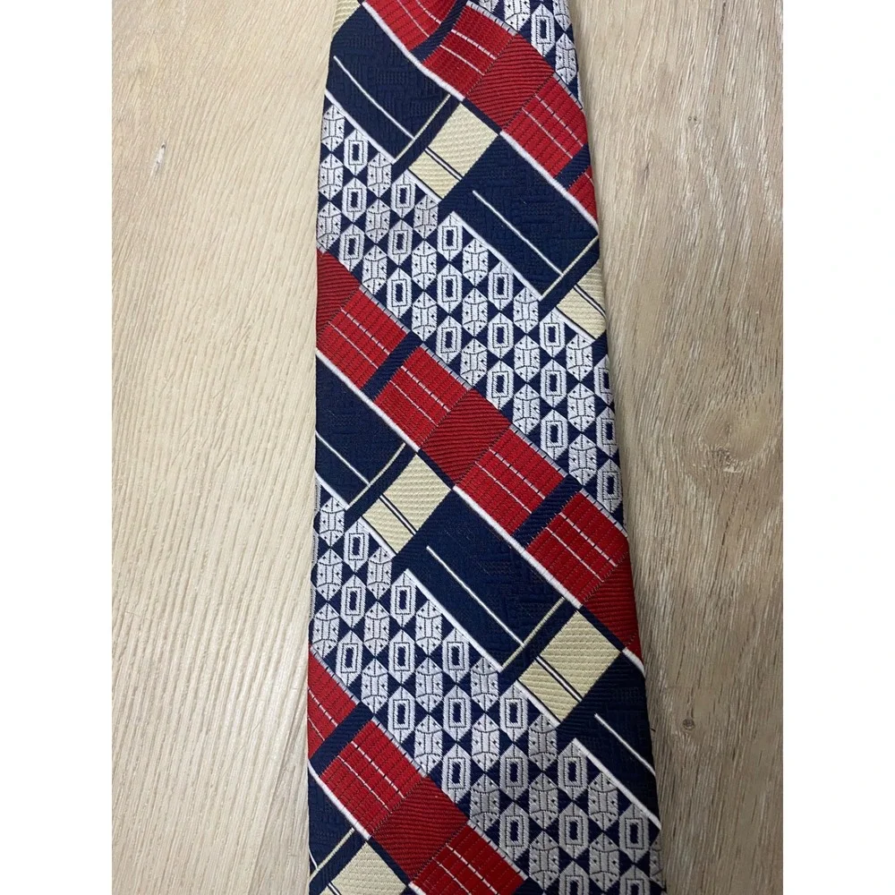 Vintage Mark of California Clip On Tie Geometric Patchwork 60s 70s Red Blue Tie